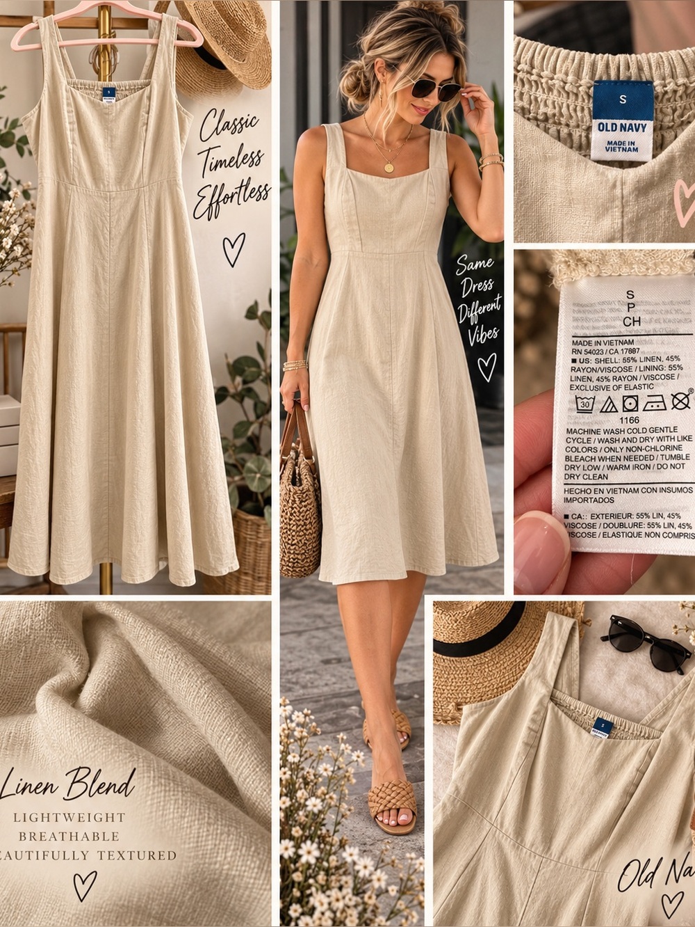 Old Navy Beige Linen-Blend Square Neck Midi Dress